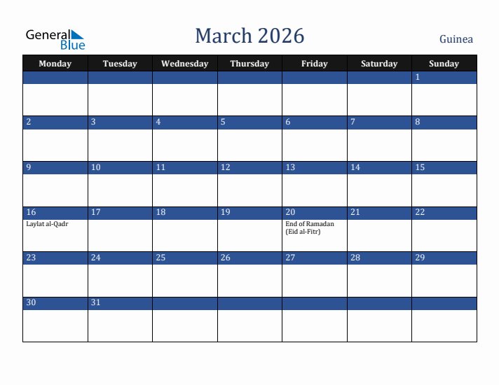 March 2026 Guinea Calendar (Monday Start)