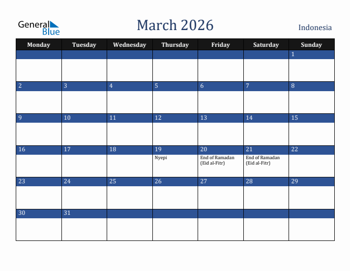 March 2026 Indonesia Calendar (Monday Start)