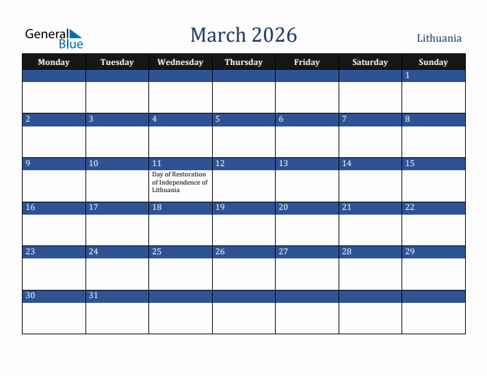 March 2026 Lithuania Calendar (Monday Start)