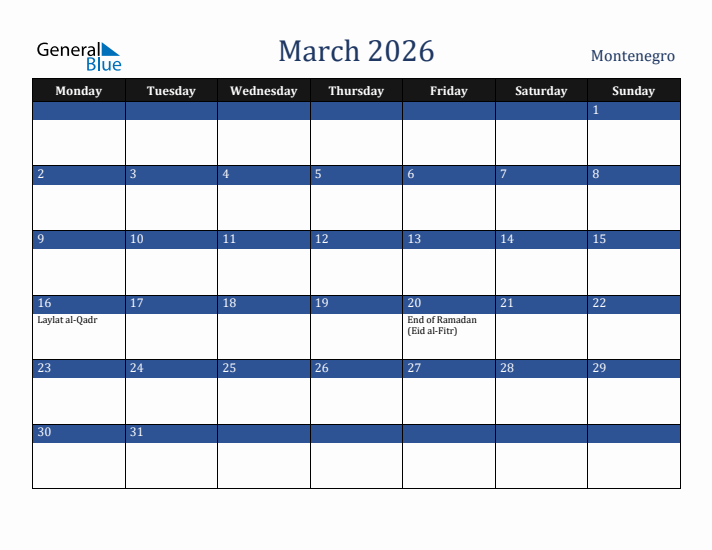 March 2026 Montenegro Calendar (Monday Start)