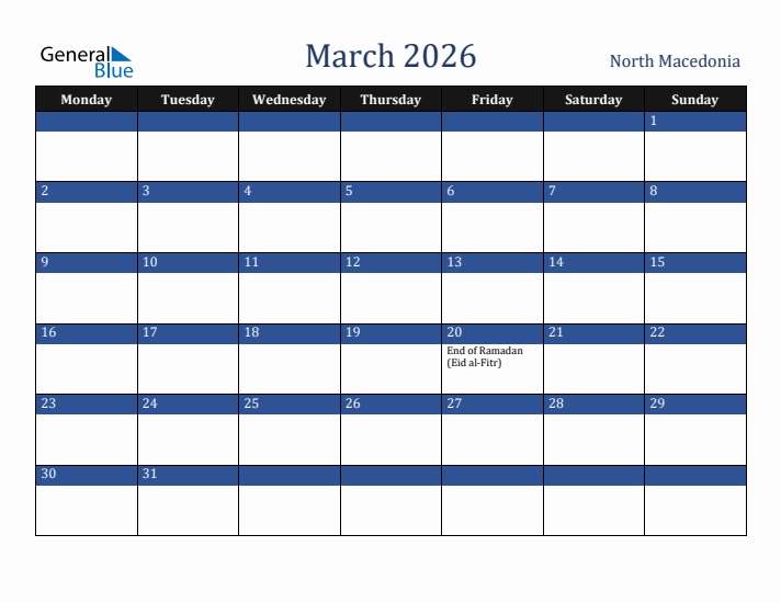 March 2026 North Macedonia Calendar (Monday Start)