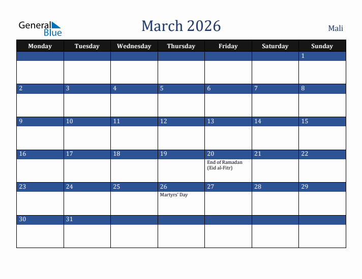 March 2026 Mali Calendar (Monday Start)