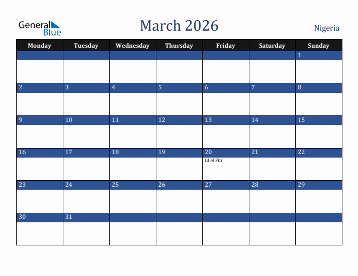 March 2026 Nigeria Calendar (Monday Start)