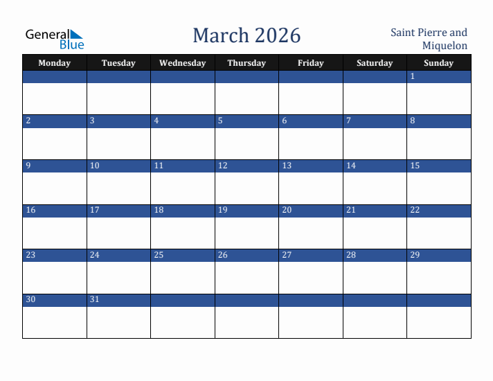 March 2026 Saint Pierre and Miquelon Calendar (Monday Start)