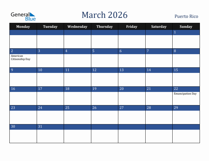 March 2026 Puerto Rico Calendar (Monday Start)