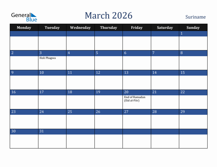 March 2026 Suriname Calendar (Monday Start)