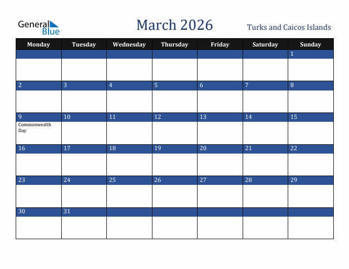 March 2026 Turks and Caicos Islands Calendar (Monday Start)
