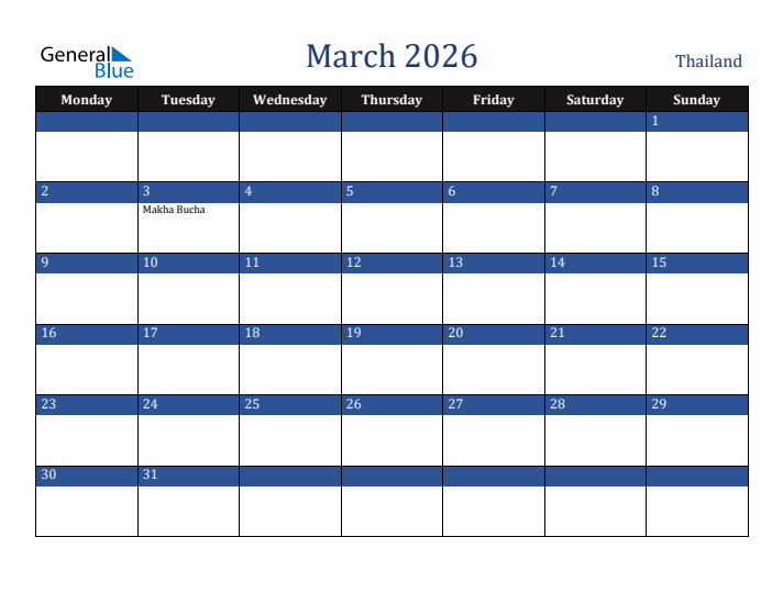 March 2026 Thailand Calendar (Monday Start)