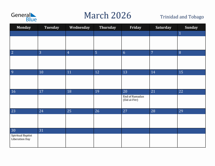 March 2026 Trinidad and Tobago Calendar (Monday Start)