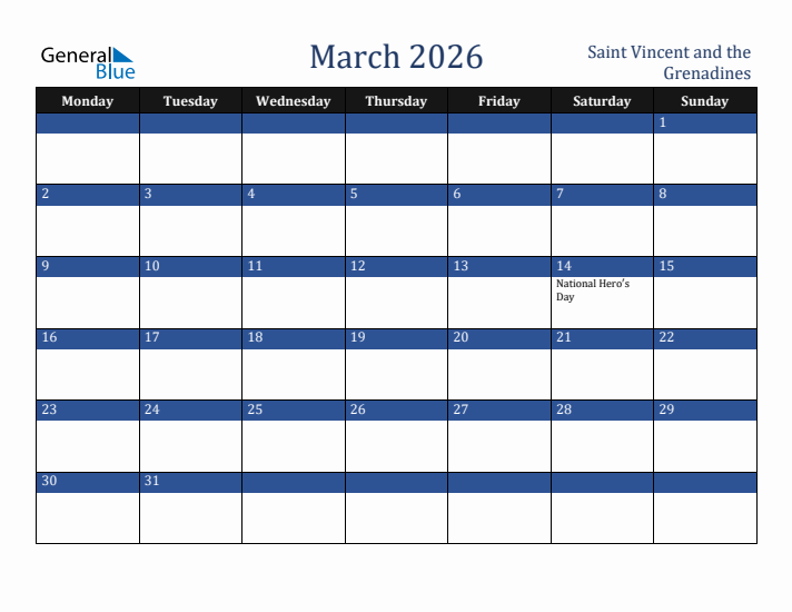 March 2026 Saint Vincent and the Grenadines Calendar (Monday Start)
