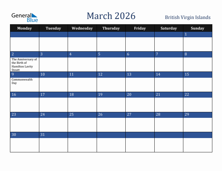 March 2026 British Virgin Islands Calendar (Monday Start)