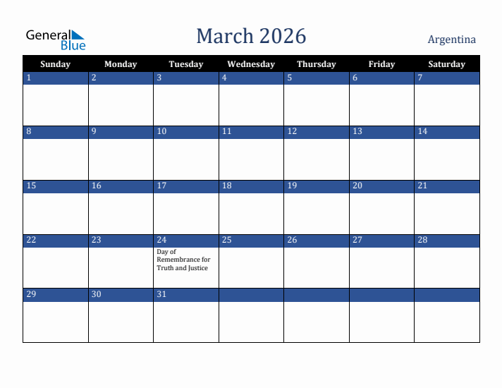 March 2026 Argentina Calendar (Sunday Start)