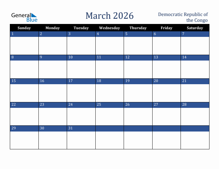 March 2026 Democratic Republic of the Congo Calendar (Sunday Start)