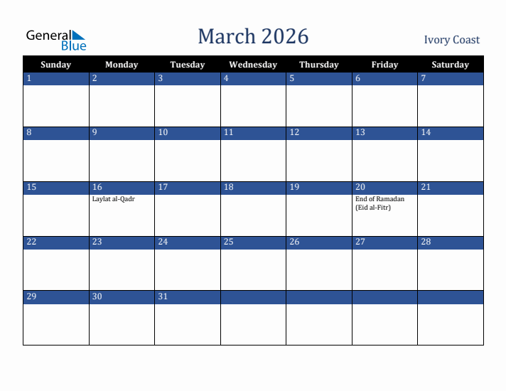 March 2026 Ivory Coast Calendar (Sunday Start)