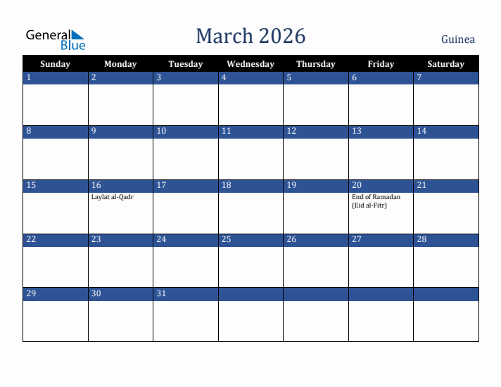 March 2026 Guinea Calendar (Sunday Start)
