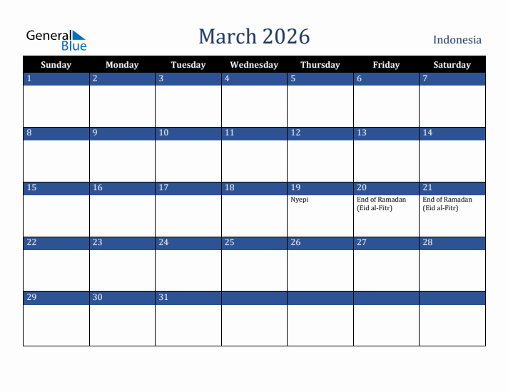 March 2026 Indonesia Calendar (Sunday Start)