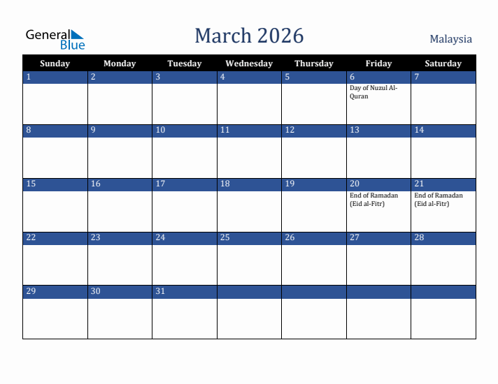 March 2026 Malaysia Calendar (Sunday Start)