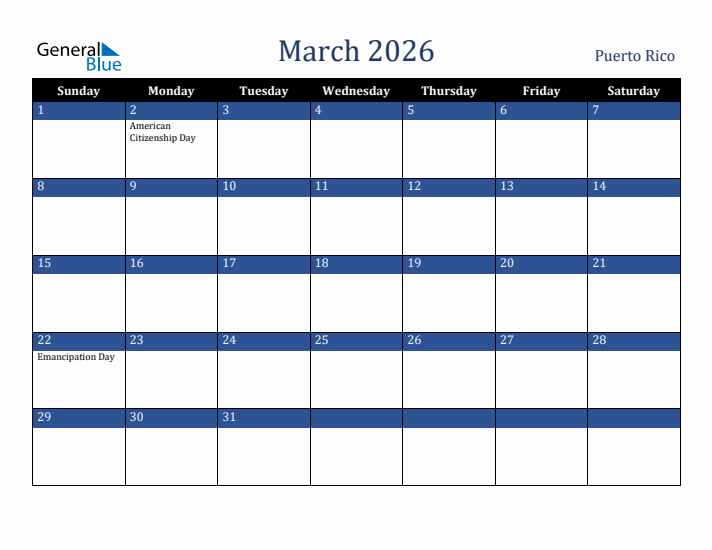 March 2026 Puerto Rico Calendar (Sunday Start)