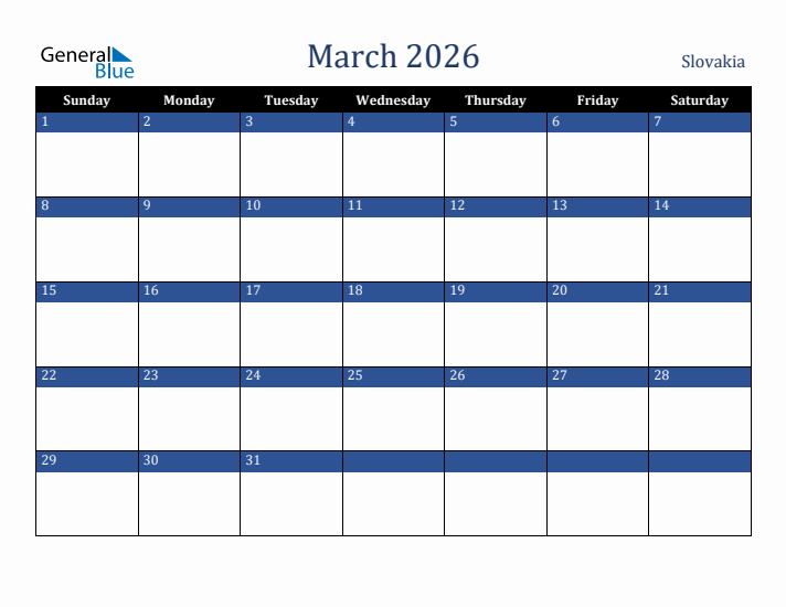 March 2026 Slovakia Calendar (Sunday Start)