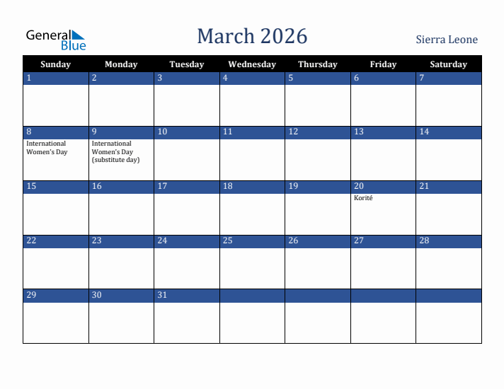 March 2026 Sierra Leone Calendar (Sunday Start)