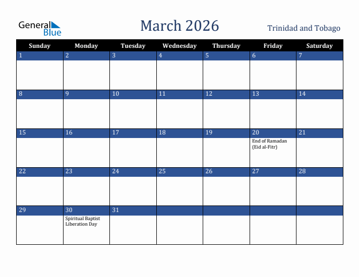 March 2026 Trinidad and Tobago Calendar (Sunday Start)
