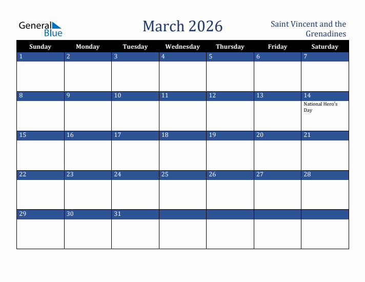 March 2026 Saint Vincent and the Grenadines Calendar (Sunday Start)