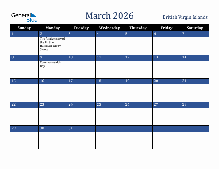 March 2026 British Virgin Islands Calendar (Sunday Start)