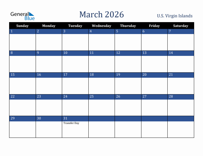 March 2026 U.S. Virgin Islands Calendar (Sunday Start)