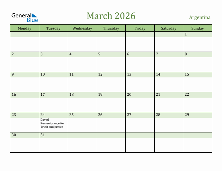 March 2026 Calendar with Argentina Holidays