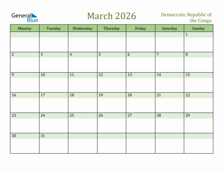 March 2026 Calendar with Democratic Republic of the Congo Holidays