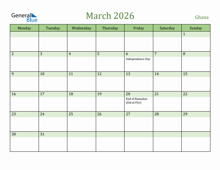 March 2026 Calendar with Ghana Holidays