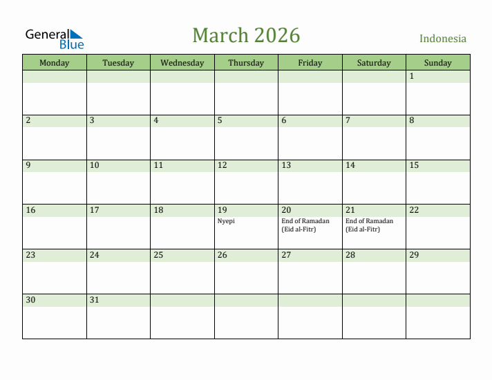 March 2026 Calendar with Indonesia Holidays