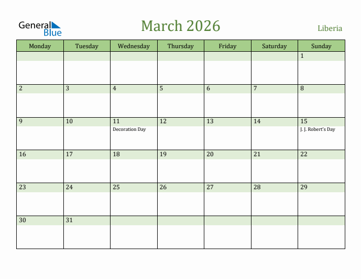 March 2026 Calendar with Liberia Holidays