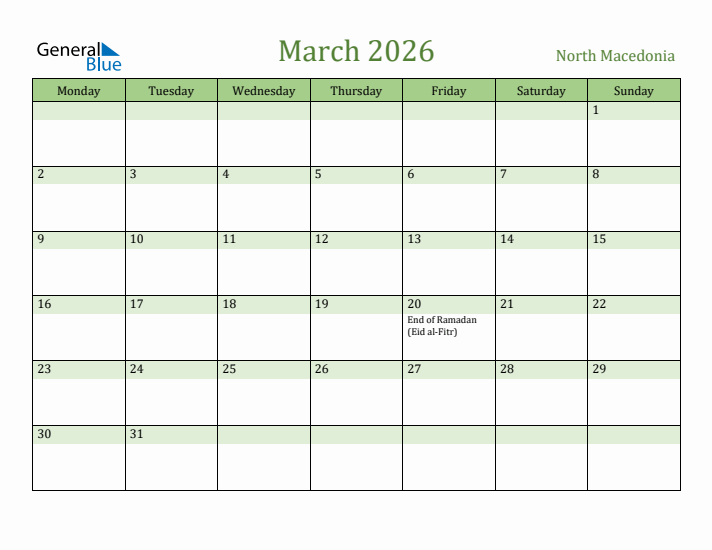 March 2026 Calendar with North Macedonia Holidays
