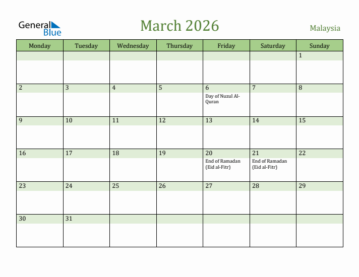 March 2026 Calendar with Malaysia Holidays