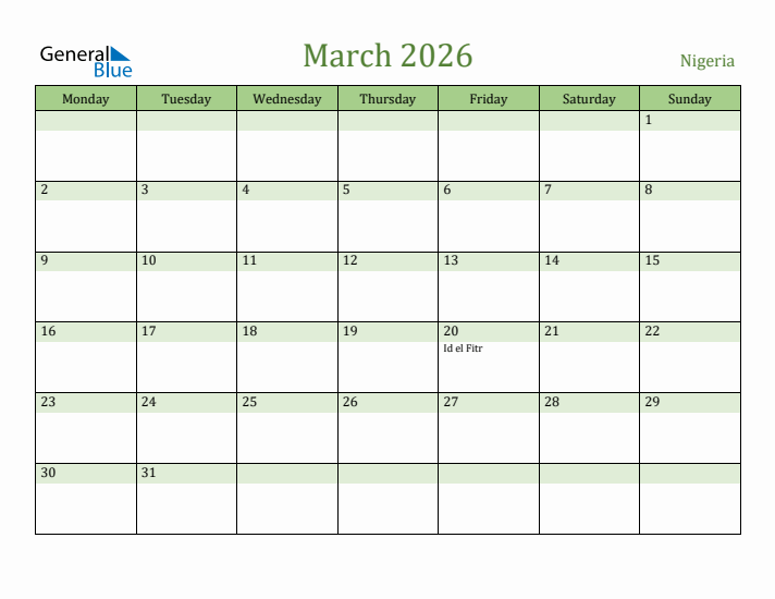 March 2026 Calendar with Nigeria Holidays