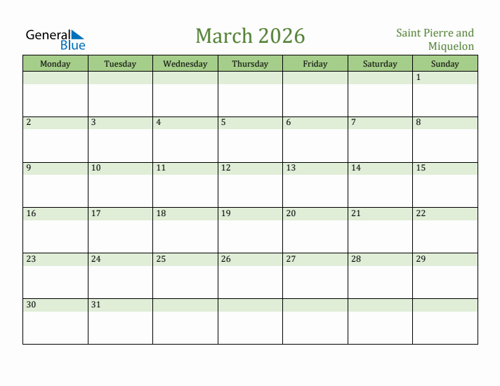 March 2026 Calendar with Saint Pierre and Miquelon Holidays