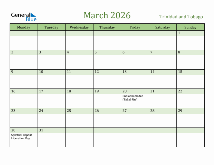 March 2026 Calendar with Trinidad and Tobago Holidays