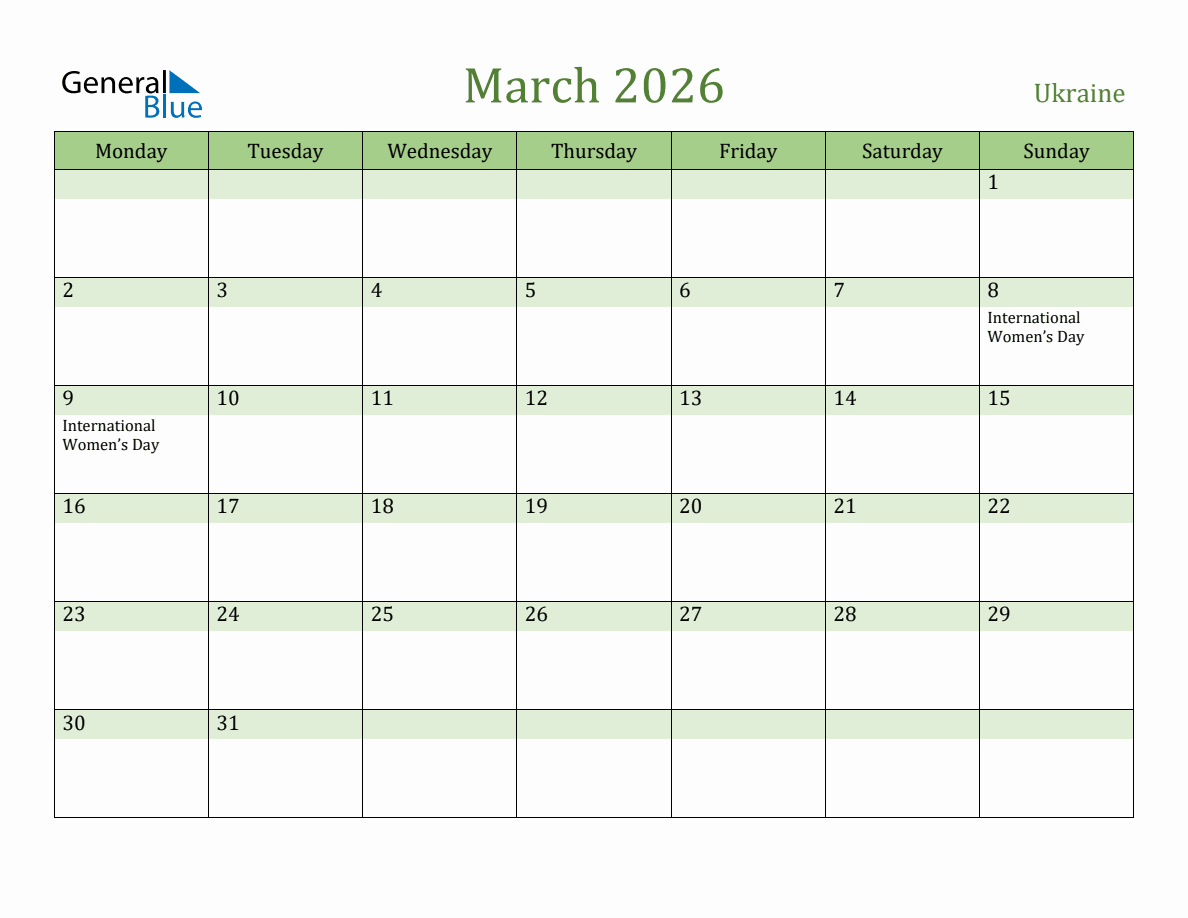 Fillable Holiday Calendar for Ukraine March 2026