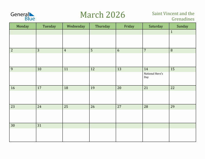 March 2026 Calendar with Saint Vincent and the Grenadines Holidays