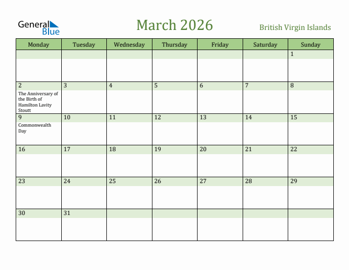 March 2026 Calendar with British Virgin Islands Holidays