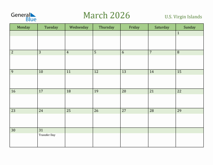 March 2026 Calendar with U.S. Virgin Islands Holidays