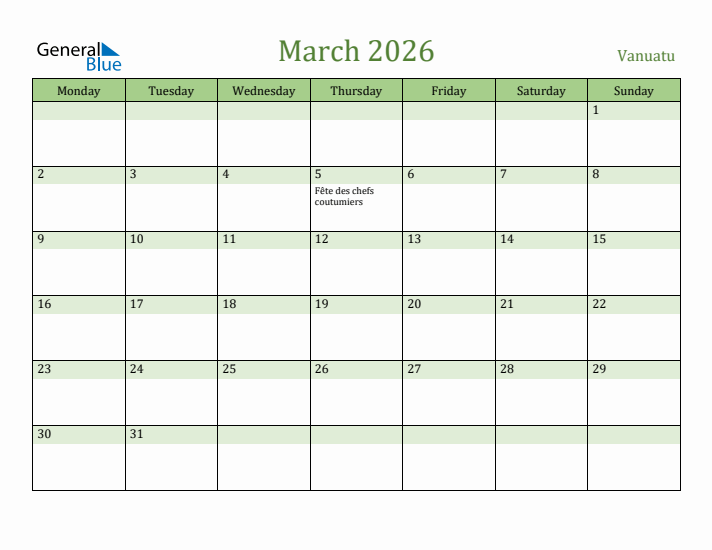 March 2026 Calendar with Vanuatu Holidays