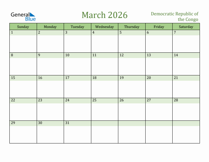 March 2026 Calendar with Democratic Republic of the Congo Holidays
