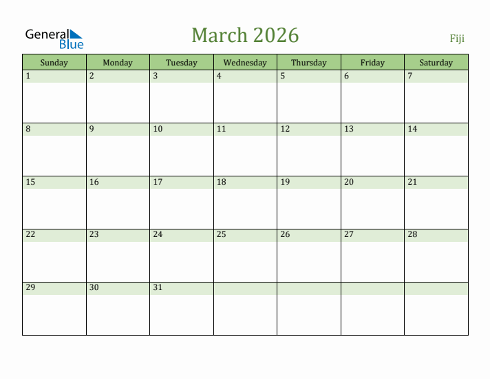 March 2026 Calendar with Fiji Holidays