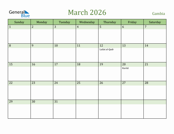 March 2026 Calendar with Gambia Holidays