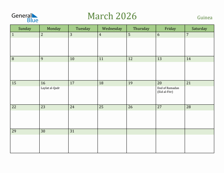 March 2026 Calendar with Guinea Holidays