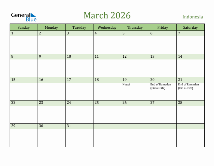 March 2026 Calendar with Indonesia Holidays