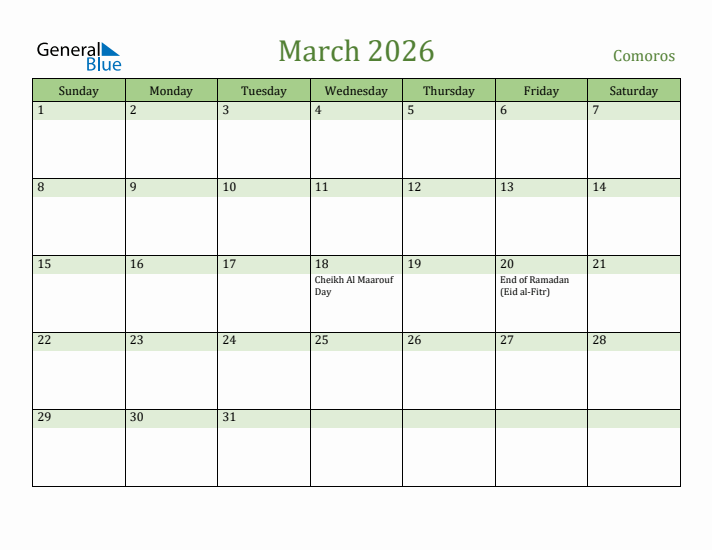 March 2026 Calendar with Comoros Holidays