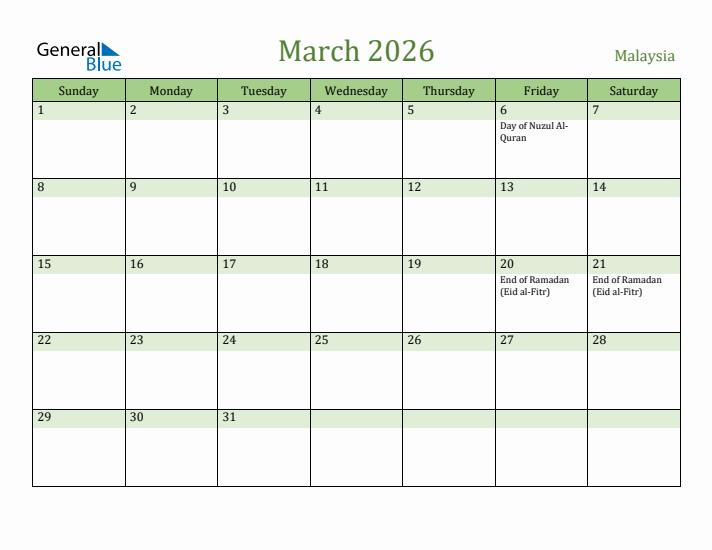 March 2026 Calendar with Malaysia Holidays